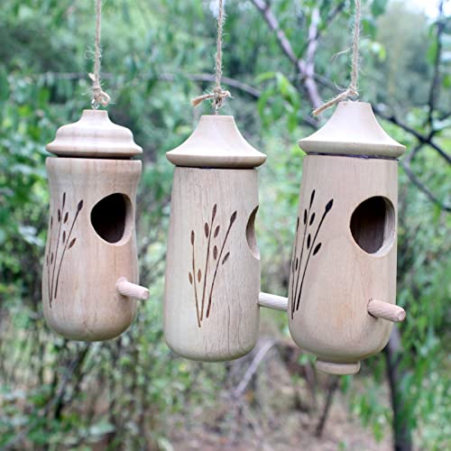 Hummingbird House, 3pcs Hanging Hummingbird House, Wooden Hummingbird House with 4Pcs Mini Ring Feeder, Outdoor Hanging Hummingbird Nest, Hummingbird House for Outdoor Home Decoration in Garden.