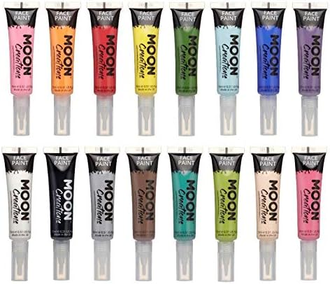 Moon Creations Face & Body Paint Tubes with Brush Applicator | Set of 16 | 15ml | Ready to Use | Cruelty Free, Made in UK | Face Paint for Kids, Adults, Fancy Dress, Festivals, Halloween