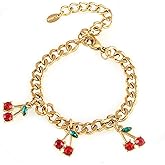 Niaspi 18K Gold Plated Cherry Bracelet for Women Stainless Steel Cubic Zirconia Green Leaves Cherry Fruit Link Chain Bracelets Dainty Jewelry Gift