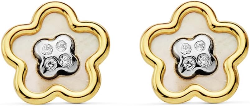 Earrings Girls or Women Gold Bicolor 18 ktes Flower Pearl