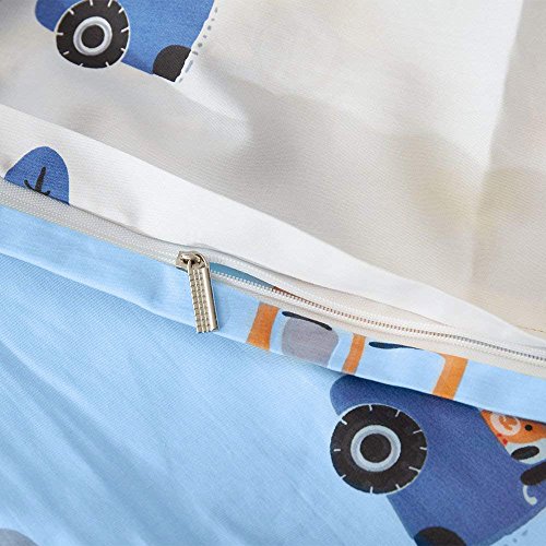 BuLuTu Cartoon Sports Cars Print Boys Duvet Cover Queen Cotton Blue Darker White,Red Yellow Green Trucks Transport Vehicles Reversible Kids Bedding Sets Full Teen Comforter Cover,No Comforter - Thumbnail 6