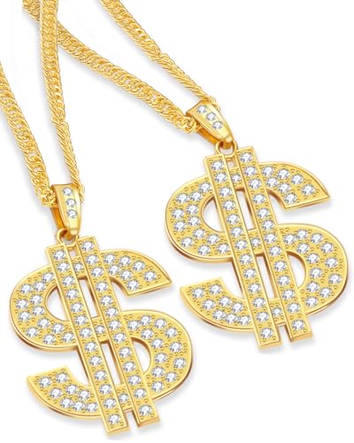 PinCute [2 Pack] 18K Gold Plated Chain for Men/Women Dollar Sign Fake Gold Necklace for Hip-Hop, Gold Digger Costume, 80s 90s Parties, 28 Inches