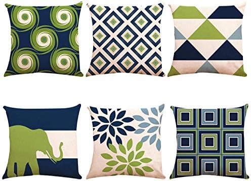 Munzong Decorative Throw Pillow Covers 18 x 18 Inch 2 Side Design, Set of 6 Geometric Cotton Linen Indoor Outdoor Pillow Case Cushion Cover for Car Sofa Home Decor(Navy Pear Green New Living Series)