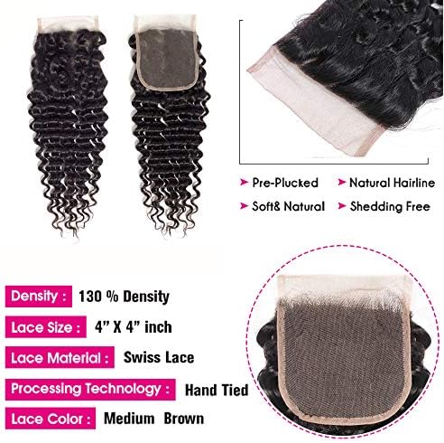 Brazilian Virgin Human Hair Deep Wave Lace Closure 4x4 Free Part 100% Unprocessed Virgin Deep Curly Human Hair Lace Closure Natural Black Color (14Inch - Image 5