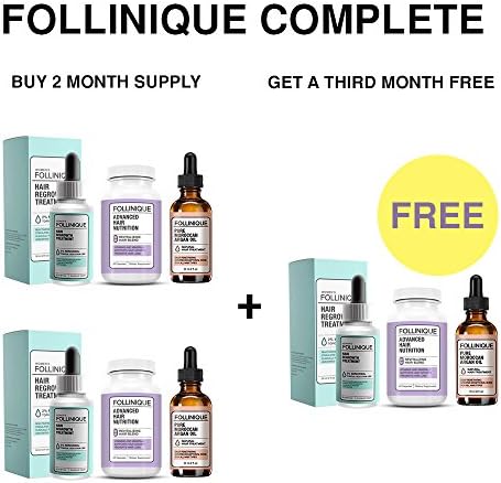 FOLLINIQUE Complete Month Supply - Buy 2 Get 1 Month FREE! Get ALL 3 -Hair ReGROWTH Treatment, 100% Pure Argan Oil &amp; Advanced Hair Nutrition Vitamins &amp; Minerals -FDA Approved 2% Minoxidil