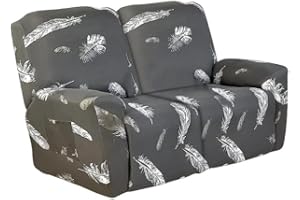 FIGOOO Recliner Sofa Covers 2 Seat Stretch Loveseat Recliner Cover Non Slip 6-Piece Jacquard Recliner Couch Cover with Pockets Reclining Couch Covers Furniture Protector for Dogs Cats,Grey Feather