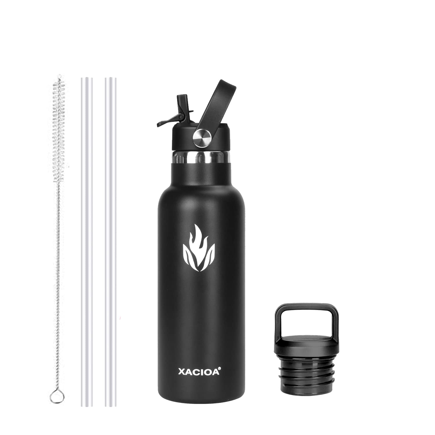 XACIOA Water Bottle Stainless Steel with Straw -for Hot/Cold Drinks 500/750/1000ml Vacuum Insulated Flask Leak Proof Drink Sport,BPA Free - with 2 Replacement Lid and Straw Brush