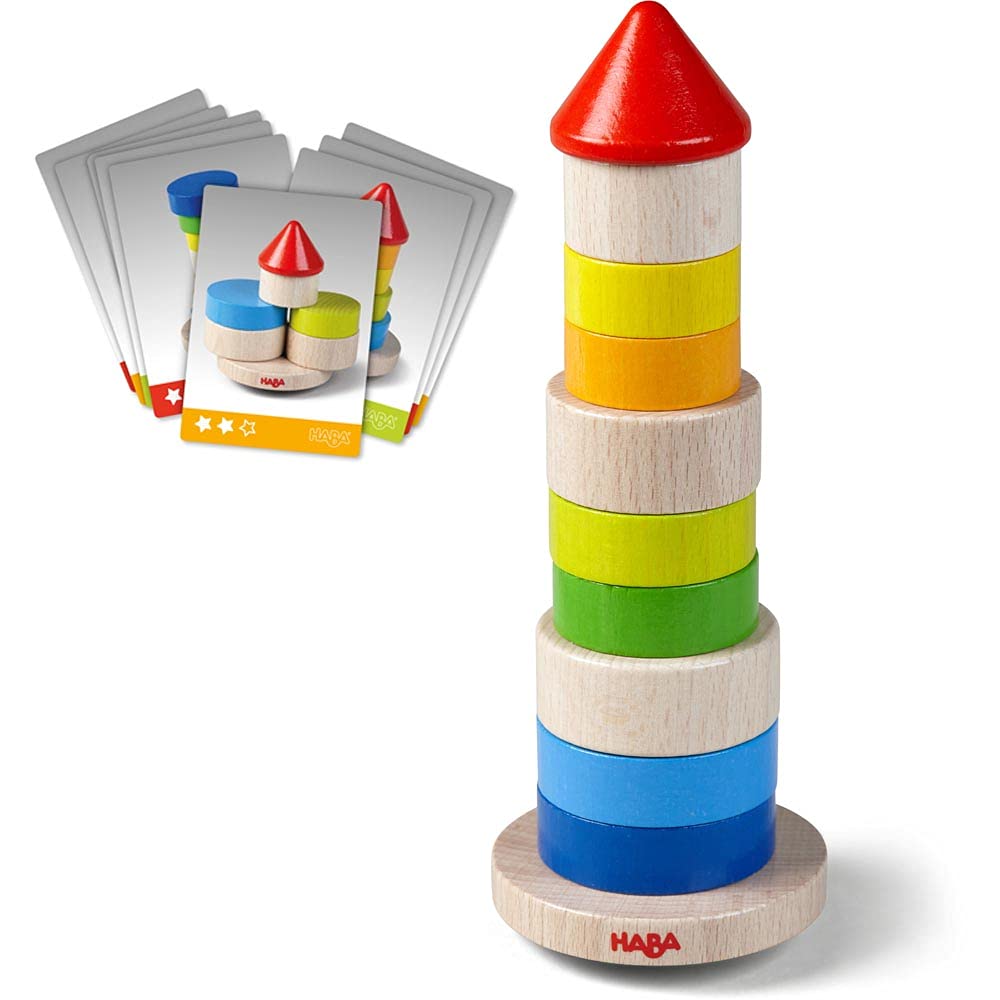HABA 305403 Stacking Game Wobble Tower, Stacking and Motor Skills Game Made of Wood with Base Plate and Colourful Stacking Stones, for Free Play or Play According to Instructions, Wooden Toy from 2
