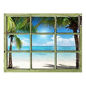 Window View Wall Mural - Clear Tropical Ocean and Palm Trees - Vintage Style Wall Decor - Peel and Stick Adhesive Vinyl Material - 24x32 inches