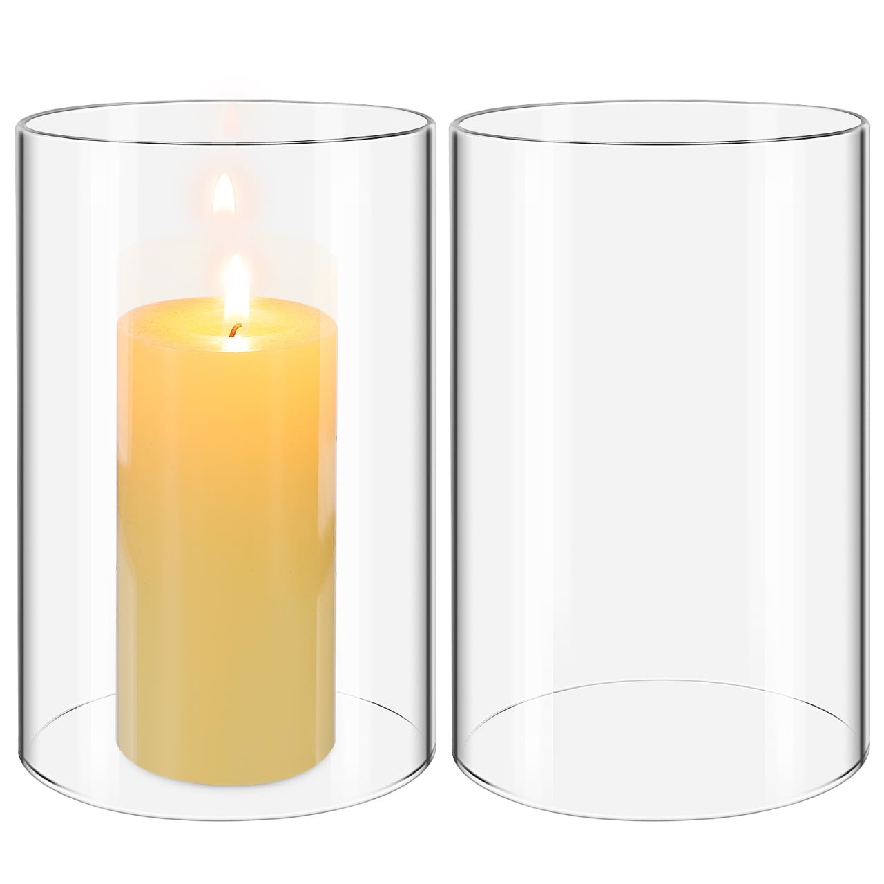 HOMSFOU Glass Candle Covers for Pillar Candles 2 Pack Clear Open Ended Cylinder Shades 6.30 X 3.94 Inch Windproof Decorative Glass Candle Holders for Home Wedding Use