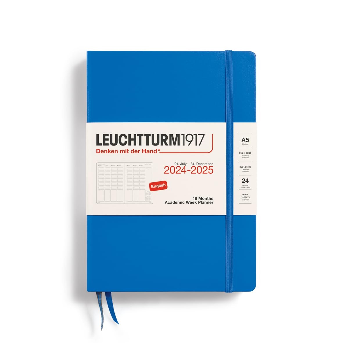 LEUCHTTURM1917 370729 Academic Weekly Planner 2025, Medium A5 Hardcover - 18 Month Calendar, Lined - Sky, English