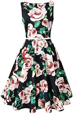 Chicanary Women's Floral 1950s Rockabilly Cotton Vintage Dress (Large, Black Floral)