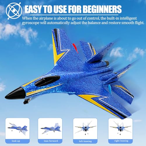 Uniiking® Remote Control Airplane for Kids, 2 Channels Foam Rc Planes Wireless Toy, Cool Light,Hobby Rc Glider Aircraft Gifts for Beginners Teen Boys Girls Adult (Blue+2PCS Battery)