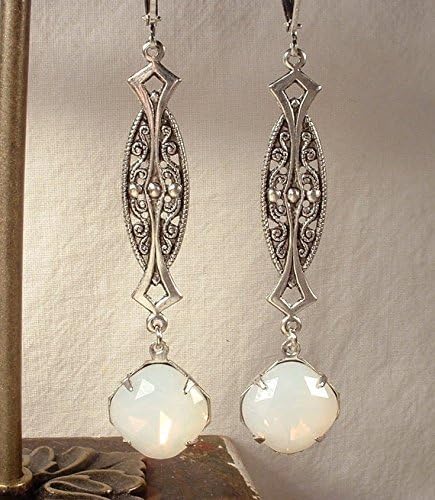 Glass OPAL Antiqued Silver Art Nouveau / Deco Rhinestone Dangle Pierced Earrings, Long White Pinfire Simulated Opal Bridal Statement Drop Earrings