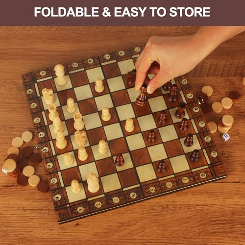 3 in 1 Wooden Chess Board, 29 x 29 cm, Wooden Chess Board, Handmade Travel Chess Board, Portable Chess Board, Ideal for Parties, Travel, Family Activities