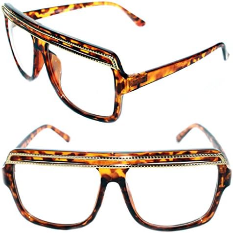 Flat Top SUNGLASSES HIP HOP VINTAGE BLACK or BROWN GOLD TOP GRANDMASTER STYLE RETRO Large (Brown Gold, Clear)