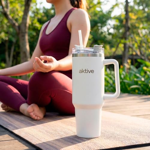AKTIVE Insulated Stainless Steel Tumbler, 1.2L, White, Measures 15 x 10 x 27 cm, Leakproof Lid, Includes Straw, Ergonomic Handle, BPA Free, Non-Slip Base, Thermos Bottles (63152)