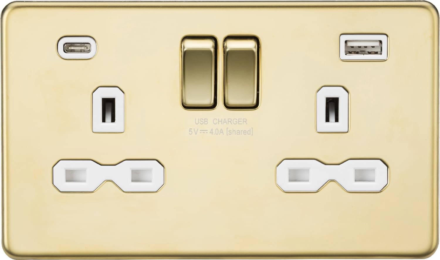 13A 2G SP Switched Socket with Dual USB A+C (5V DC 4.0A shared) - Polished Brass with White Insert
