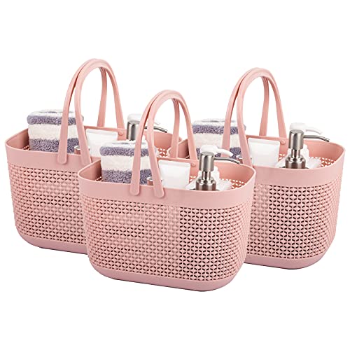 UUJOLY Plastic Organizer Storage Baskets with Handles, Shower Caddy Bins Organizer for Bathroom and Kitchen (3 Pack, Pink)