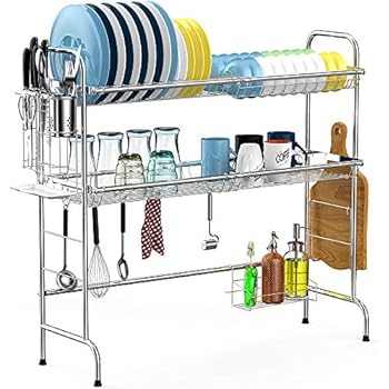 Over the Sink Dish Drying Rack, Cambond 2 Tier Dish Drainer Shelf Stainless Steel Large Dish Rack with Utensils Holder for Kitchen Counter, (Sink size ≤ 31.9 inch) Silver