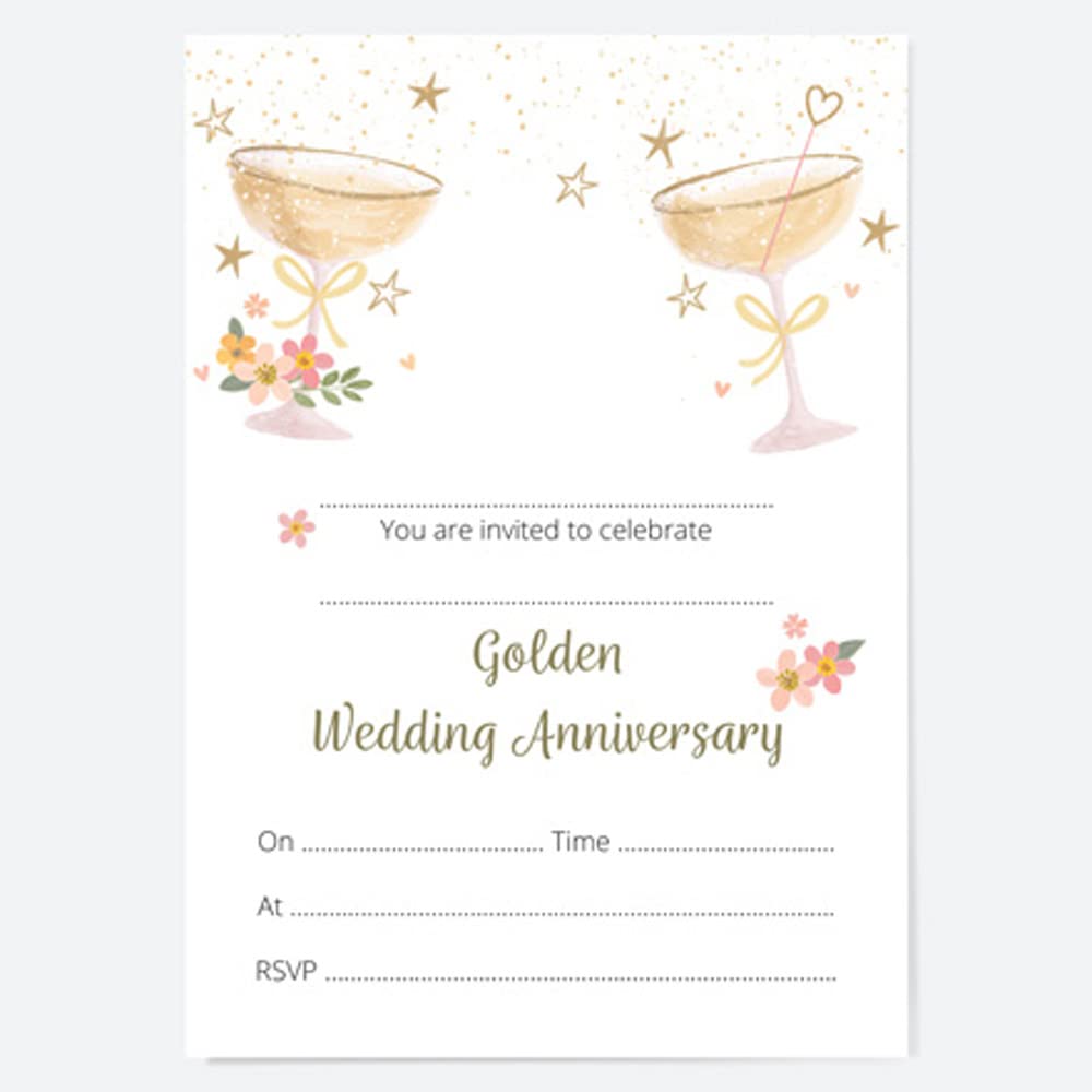 Dotty about Paper 50th Wedding Anniversary Invitations - Champagne Bubbles - Pack of 10