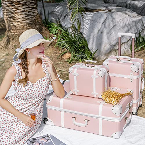 urecity Vintage Luggage Set 20"/24"/28" – Retro PU Leather Suitcase with TSA Lock, 360° Spinner Wheels & Telescopic Handle – Lightweight Travel Trolley (Soft Pink)