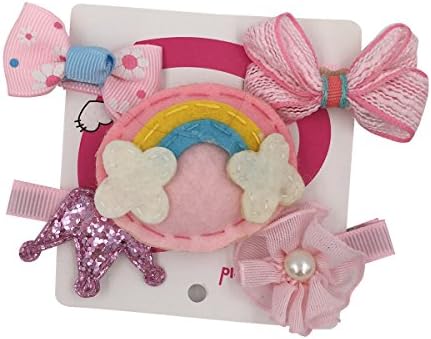 PeiLan 5Pcs Gril Hair Accessories Set Hairpin Ribbon Bows Clips Flower (Rainbow &amp; Crown)