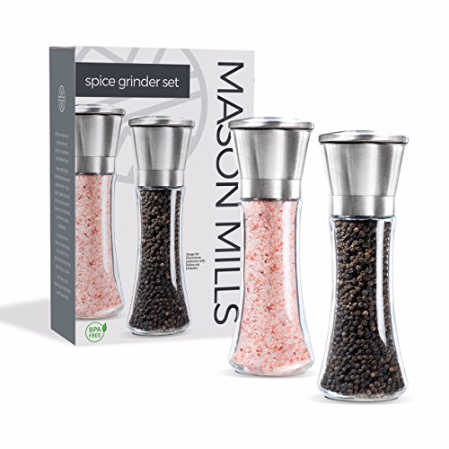 Stainless Steel Salt and Pepper Grinder Set - Two Piece Set - Glass and Stainless Steel Mill - Large Capacity Shakers - Top Loading Design By Mason Mills (Certified Refurbished)