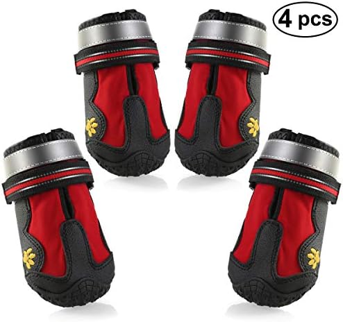 Tabpole Dog Boots Waterproof Pet Mesh Shoes, Breathable Dog Shoes Paw Protectors with Reflective Rugged Anti-Slip Sole Red 4PCS