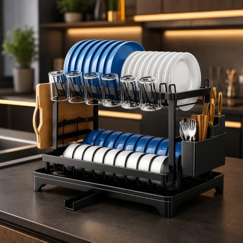 Escorredor de Louça Completo em Aço Carbono Organizador Escorredor de Pratos, Suporte para Talheres, Copos, Tábuas, Facas e Bandeja de Drenagem de Água Premium