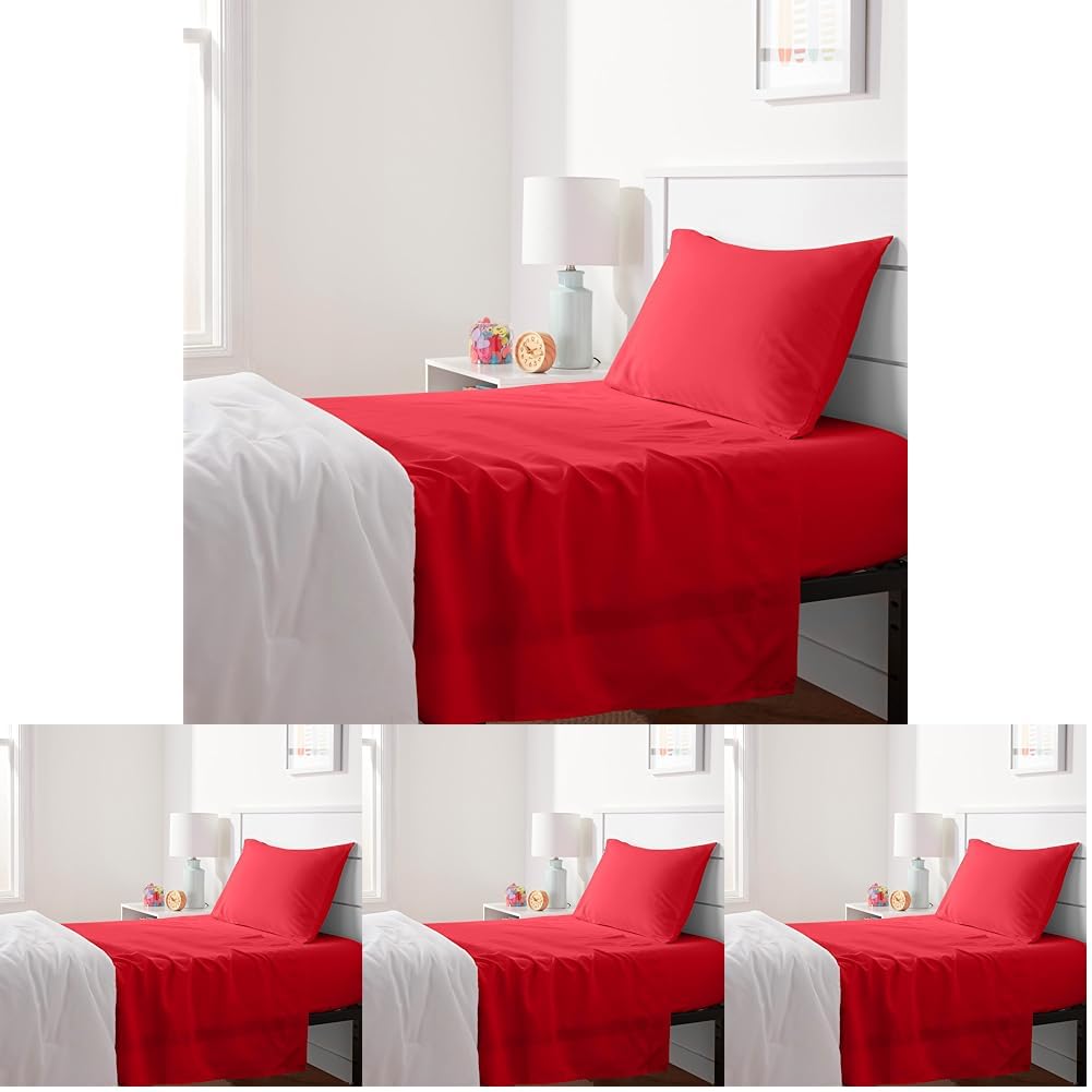 Amazon Basics Kid's Soft Easy-Wash Lightweight Microfiber 3-Piece Sheet Set, Twin, Red, Solid (Pack of 4) Image