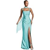 zoteno Satin Mermaid Bridesmaid Dress for Women Long Square Neck Formal Gown with Scarf Slit Spaghetti Straps Prom Dresses