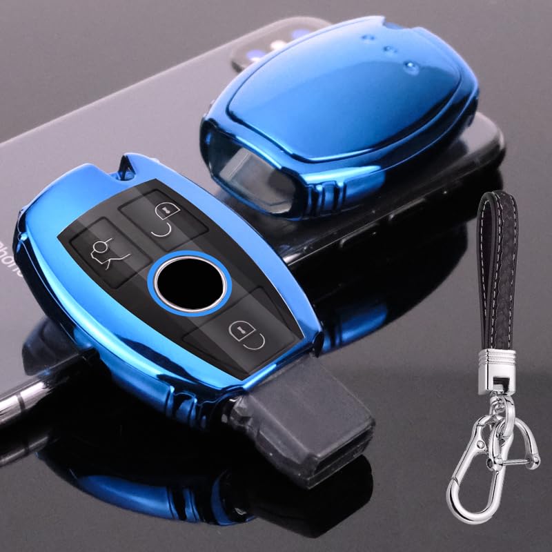 TPU Cover for Mercedes Benz Key Fob，2-3 Buttons Smart Key Shell Case Compatible with Benz A/C/E/S/R/G/GLA/GLC/GLK/A209/W164/W245/W212/W204,with Leather Keychian-Blue