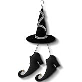2 Pack Halloween Witch Hat Shoes Hanging Ornaments, Vintage Hat Boot Decor | Spooky Black Witch Hat Witch Shoes with Bells for Halloween Wreath Door Wall Front Porch Home Party Supplies