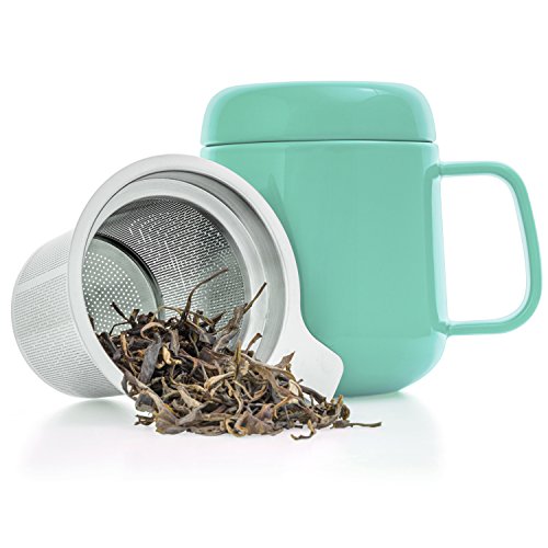 Tealyra - Sumo Ceramic Turquoise Tea Cup Infuser - 13.5-ounce - Small Mug with Lid and Stainless Steel Filter For Loose Leaf Tea - Tea-For-One - 400 ml