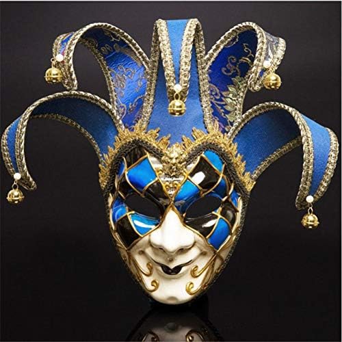 LFIWN Full Face Men Venetian Theater Jester Joker Masquerade Mask With Bells Mardi Gras Party Ball Halloween Cosplay Mask Costume