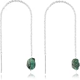 YANARA Natural Raw Dainty Threader Pair Earrings, Gemstone Birthstone Crystal, Mother's Day Gifts For Mom Women, Chakra Energy Healing Crystals Jewelry in Silver Plated