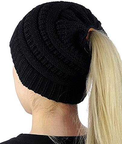 URUNIQ Women's Winter Knit Cup Beanie Tail Ponytail Winter Warm Stretch Cable Messy High Bun Knit Hat (Black)