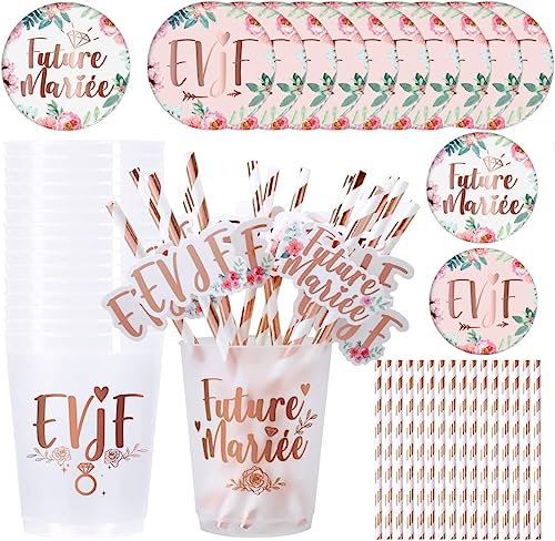 iZoeL EVJF Goblet Bride Future Badge Team Bride Accessory Kit 1+14 | EVJF Kit 1+14, Bride to be, Rose Gold, Cup, Badge EVJF, Team Bride, Paper Straw, Bride to Be, Decoration EVJF