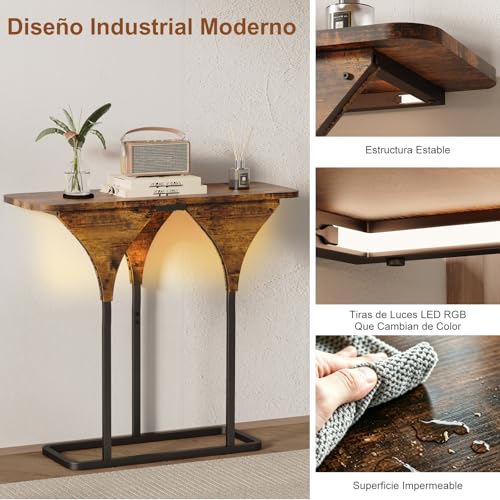 Uzelia Mesa de Consola con Luz LED 84.2x30x75 cm, Mesa Recibidor de Entrada, Mesa de Pasillo Estrecha, Mesa Auxiliar Decorativa de Madera y Metal para Sala y Espacios Reducidos, Marrón