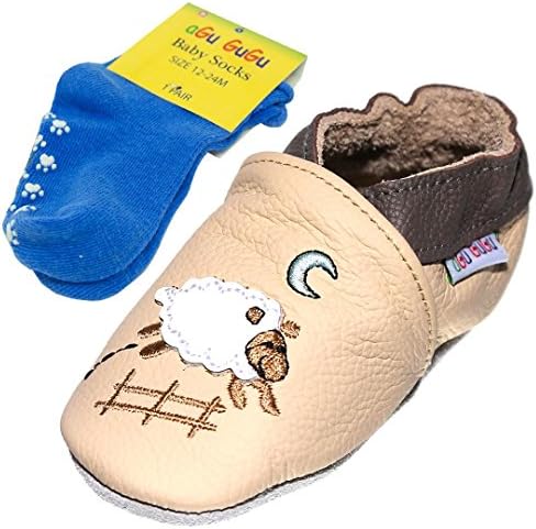 Good Night Soft Sole 100% Real Leather Baby Boy, Infant,Toddler Pre walker Shoes with Matching Anti-Slip Socks (12-18 months, Good Night D)
