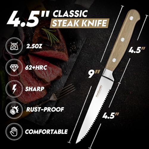 Freelander 6-piece Meat Knife Set, Table Knives with Serrated Edge and Ergonomic Wooden Handle, Sharp Steak Knives for Cutting Steak and Meat