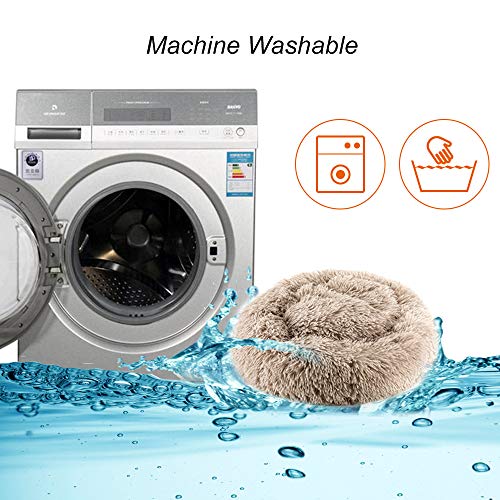 XIGRS Dog Calming Bed, Orthopedic Round Donut Cuddler Ultra Soft Plush Comfortable Cozy Sponge Cushion Bed with Non-Slip Bottom Furry Bed for Small Medium Pets Calm Sleeping (S-23.6INCH, Brown)