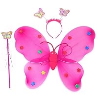 Poniu 3pcs/Set Girls Led Flashing Light Fairy Butterfly Wing Wand Headband Princess Style for Dress Up Halloween Costume Magic Shows Cosplay Birthday Party Baby Showers (hot Pink)