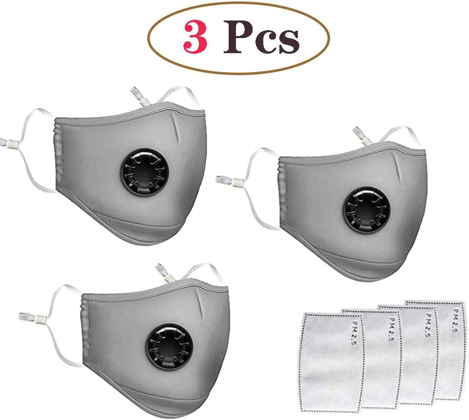 Yimeezuyu 2/3 Pack Anti Haze Mouth Mask with 2 Replacement Filters Breathing Valve Cotton Anti-Fog Anti-Dust Mask Reusable Safety Dust Mask