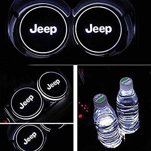 LED Car Logo Cup Holder Lights for Jeep, Interior Accessories Waterproof Bottle Drinks Coaster Built-in Light 7 Colors USB Charging Mat Luminescent Cup Pad Atmosphere Lamp Decoration Light (2 PCS)