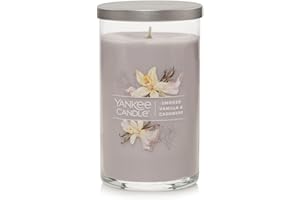 Yankee Candle Smoked Vanilla & Cashmere Signature Medium Pillar Candle - 14.25 oz Light Gray Soy Wax Blend Metal Lid Coaster - Ideal for Home & Kitchen Decor