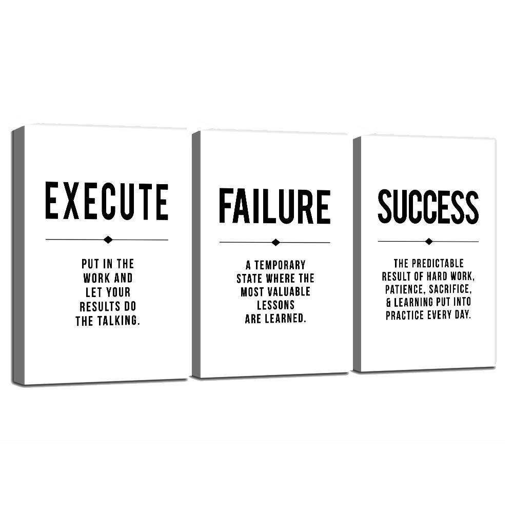 Inspirational Print,Framed Canvas Wall Art Success Quote, Office Wall Art, Black and white gift for boss, Positive Motivational Set of 3 Prints, Execute Failure Success Poster (D-3pcs,12x16inchx3pcs)