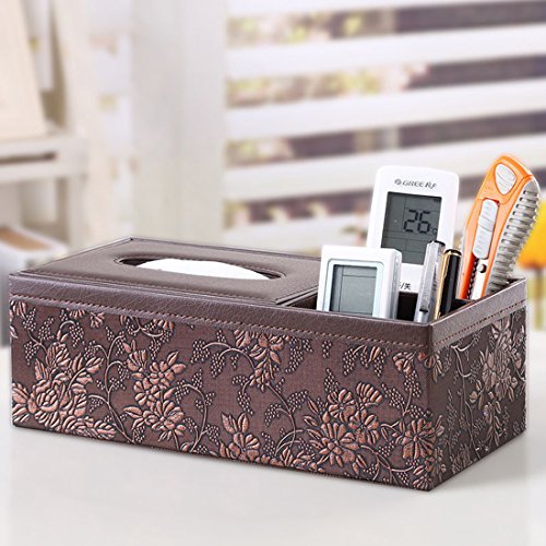 Zubita Tissue Box, Multi-Functional Tissue Napkin Paper Box PU Leather Wooden Fabrics Pens Pencils Phone Holder Tissue Cover Case for Home Office Desk Car Decoration Image Retro Carving (Brown)