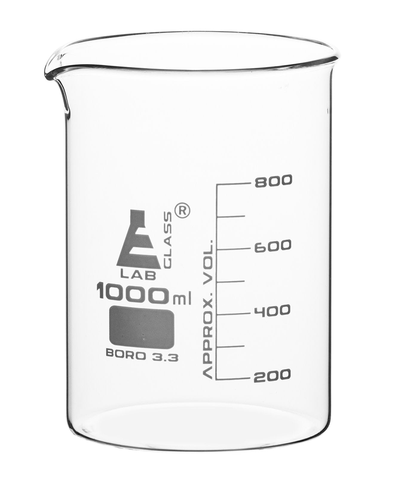 Eisco Borosilicate 3.3 Glass Beaker - 1000ml | Low Form with Spout | 200ml Graduations | 144mm Tall | 102.5mm Inner and 105mm Outer Diameter | Scientific Glassware for Lab Measurements